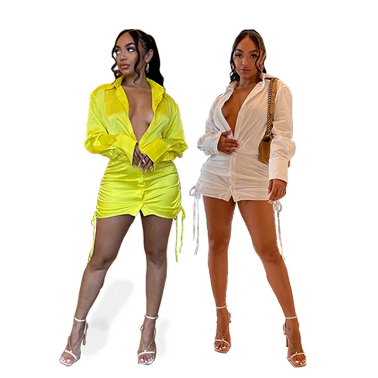 Новый дизайн, однотонное сексуальное мини-платье, Осенние плиссированные элегантные короткие платья с длинным рукавом и кулиской, женское платье-рубашка