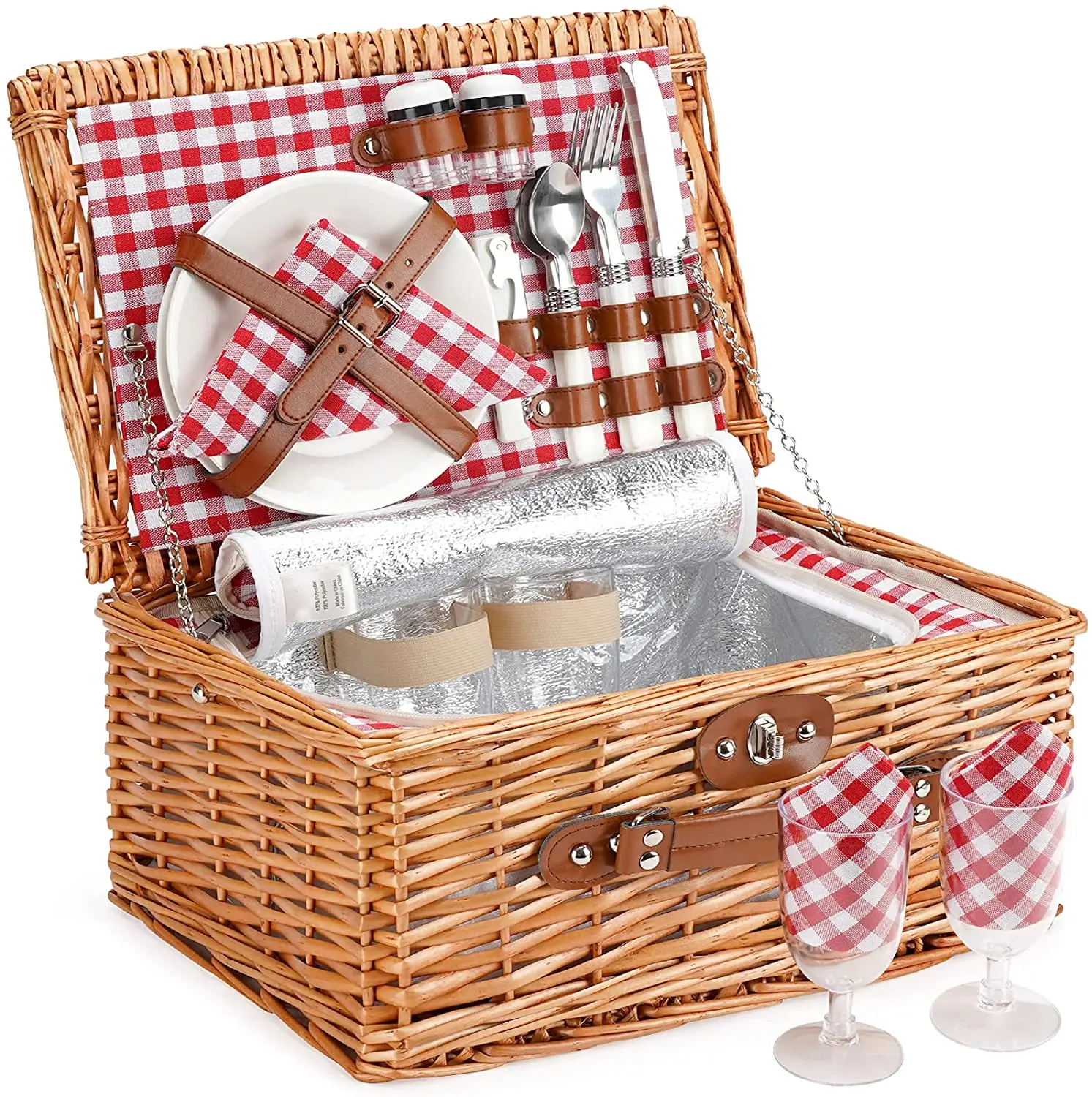Natural Woven Woodchip with Double Folding Handles Willow Basket with Lid Handle Blanket 4 Person Wicker Picnic Baskets Set