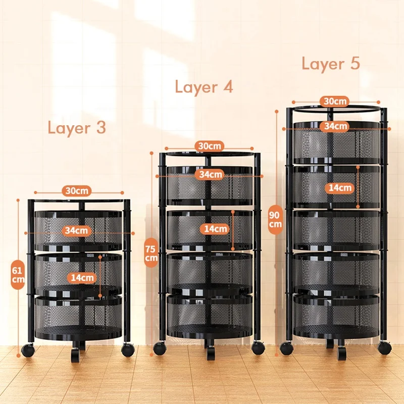 Modern white black Kitchen storage rotatable shelf 3/4/5 layers vegetable or fruit storage rack