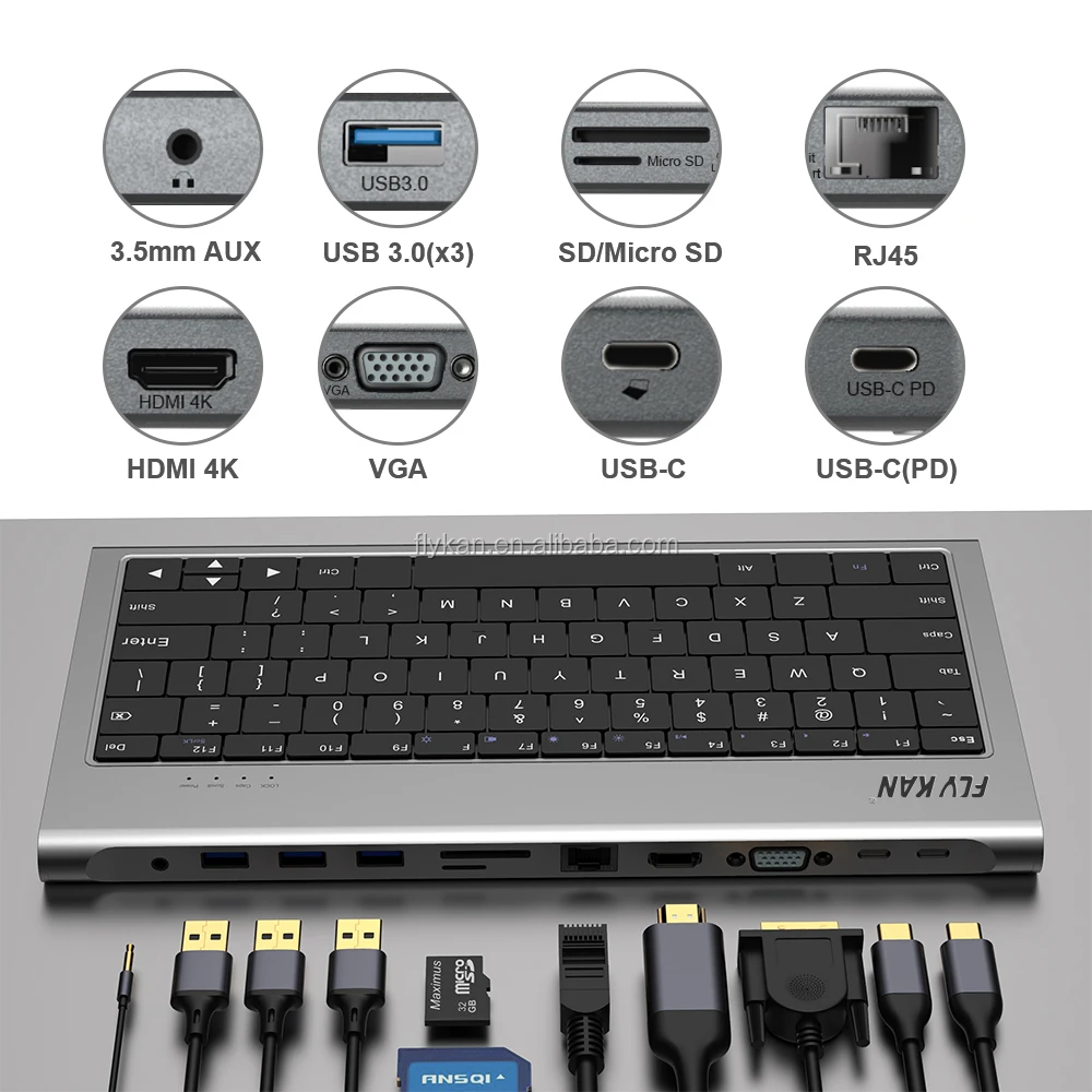 Flykan USB-C клавиатура док Station-78keys-11in 1 (100w PD 4K * 2K HD USB3.0 концентратор x 3 Gigabit LAN) -