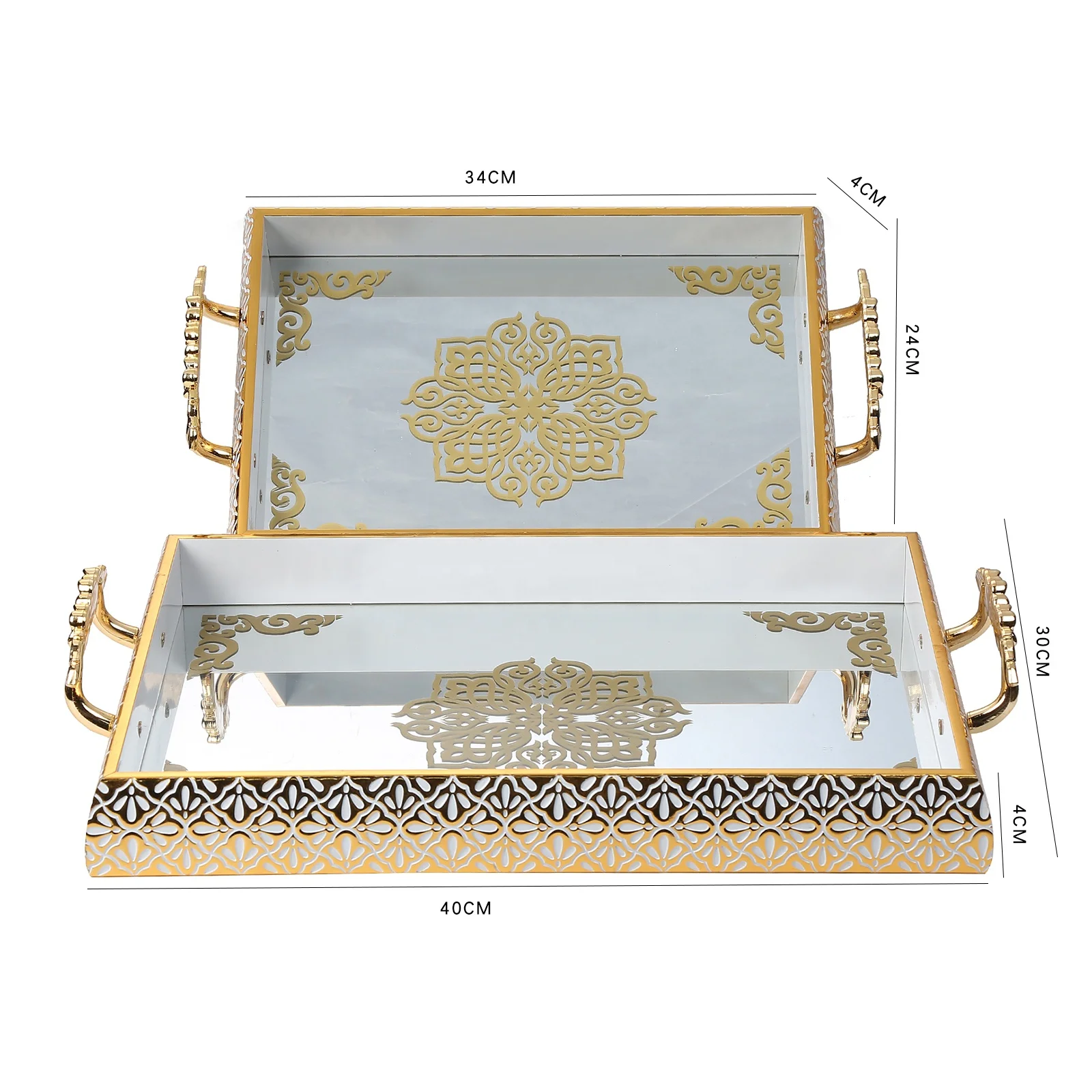 In Stock Home Tiered Food Cake Plateau Lilac Tray Luxury Arabian Decor Silver Gold Ramadan Mirror Serving Tray Set With Handle