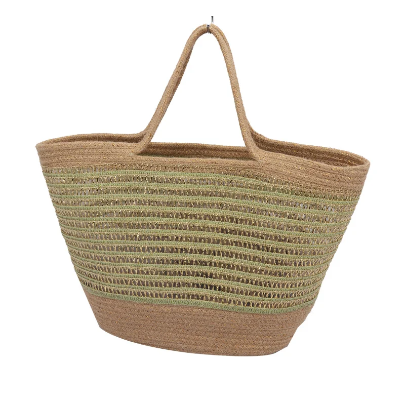 Camel color gold thread hemp gold braid handbag cotton rope storage basket casual fashion women beach bag