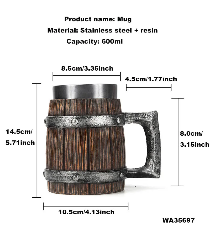 New Vintage Style 20 oz Germany Wood Barrel Double Wall Coffee Beer Cups Wooden Stainless Steel Handmade Resin Coffee Mug