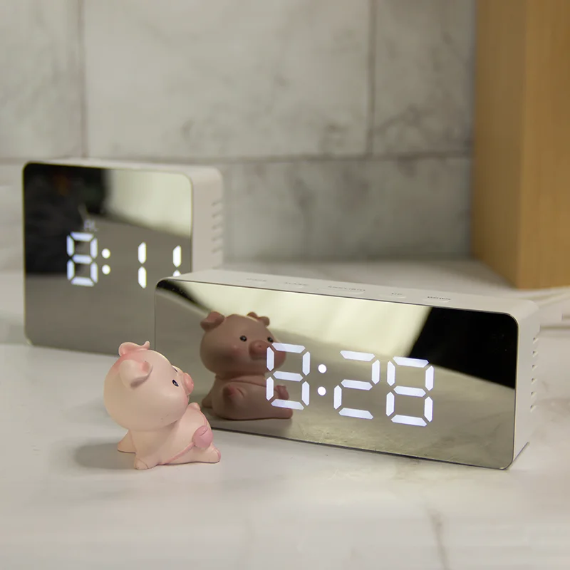 EMAF digital LED mirror table alarm clock custom brand student desk snooze alarm clock DC battery power clock with temperature