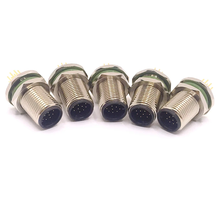 Waterproof m12 a-code male 8 pin panel connector backing mount for wire soldering