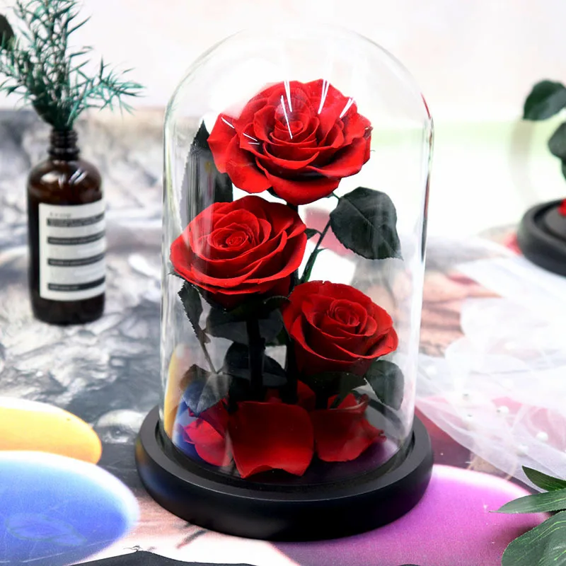 Wholesale Eternal 3 Beauty Rose Valentine Gifts Glass Dome Flower Preserved Rose in Glass Gift Box Valentine Custom Logo