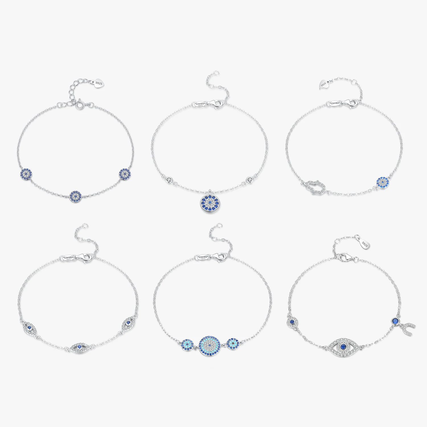 Pure 925 Sterling Silver Luxury Fine Jewelry Turquoise Blue Evil Eyes Clear Cubic Zircon Crystal Link Chain Bracelet For Women
