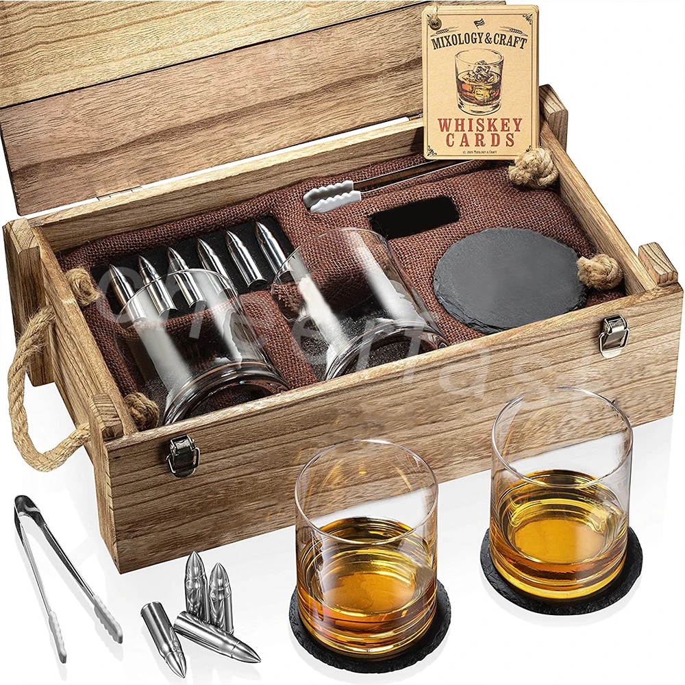 Fathers Day Whiskey Bullets Gift Set Luxury For Men Wooden Box With Cooling Bullets 2 Glasses Custom Whiskey Bullets Gift Set