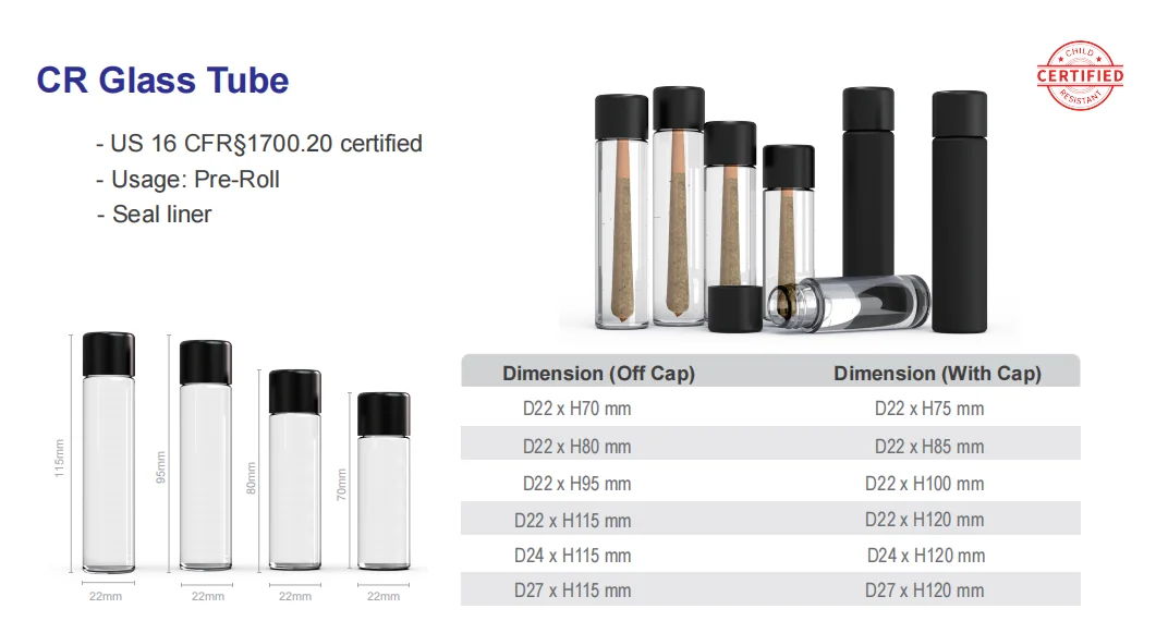 1G 1.5g classic glass pre tube with custom printed stickers CR packaging tube with child resistant screw lid