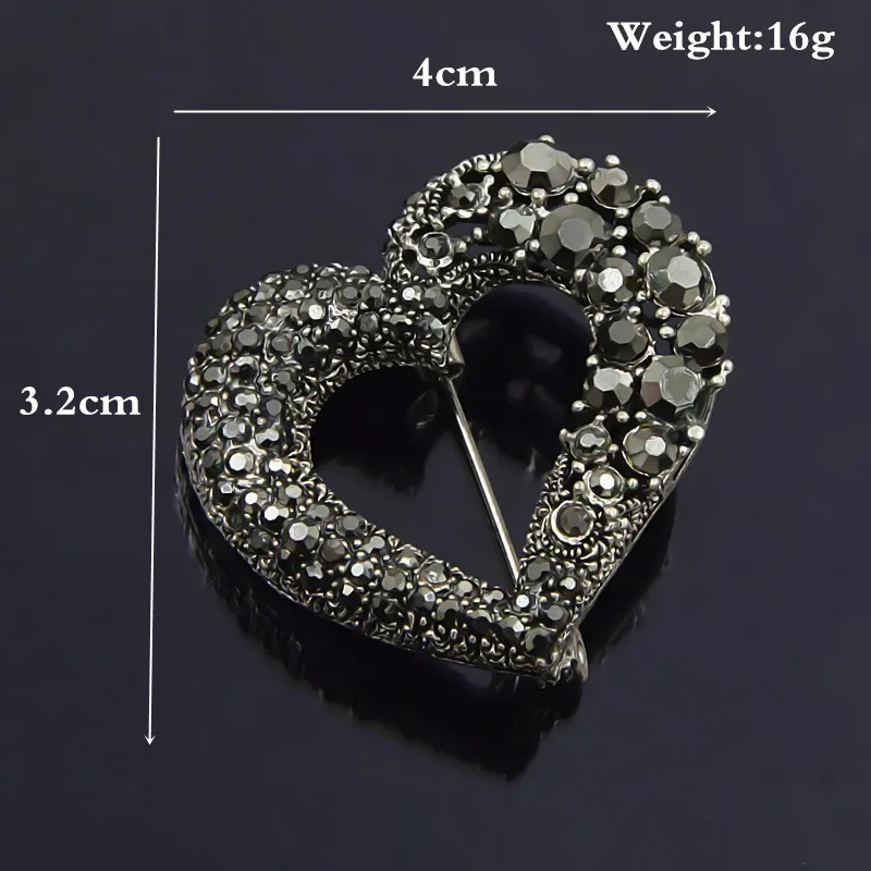 Black Heart Crystal Brooch Pins for Women Hollow-Out CZ Broaches
