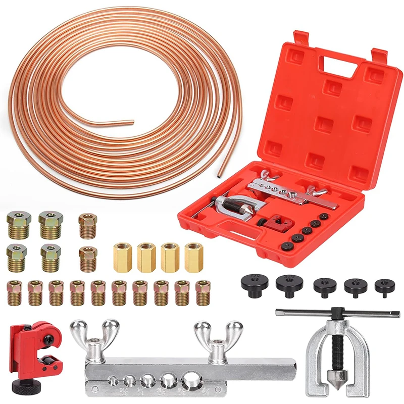 1 x 25 Ft. 3/16 Copper-coated Brake Line Tubing Tool Kit with 16 Fittings 4 Unions Double & Single Flaring Tool Kit