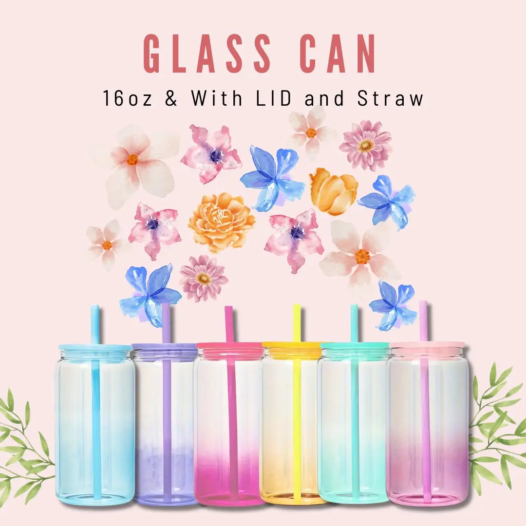 USA Warehouse 16oz Frosted Clear Beer Can Glass Sublimation Water Bottle Glass Jar with coloful plastic lids and straws