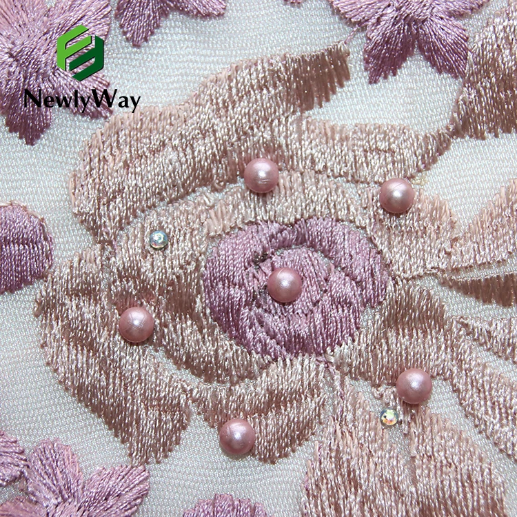 Newlyway Full Width Embroidery Bead Belt Diamond Lace Cross Border Embroidery Gauze  Fabric For Party Dress