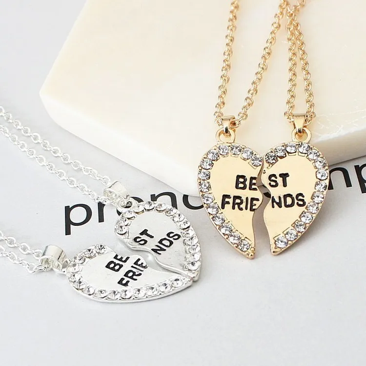 Hot Selling Love Gold 2 BFF Broken Heart Beat Pendant Fashion Diamond Best Friends Rhinestone Letter Necklace