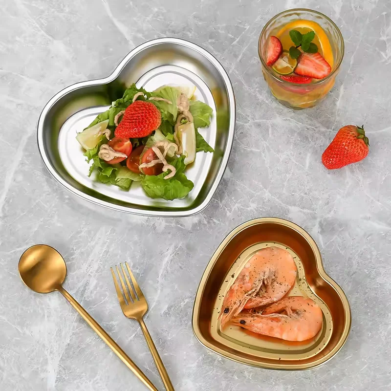 New Style Metal Dinnerware Serving Dishes Gold Silver Heart Shaped Stainless Steel Tray