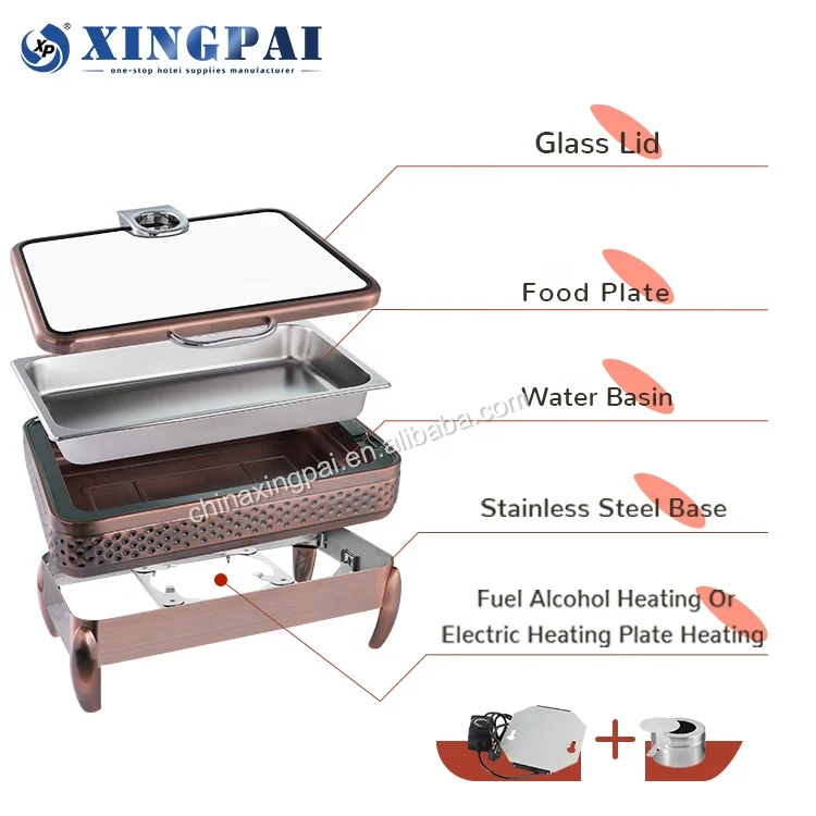 XINGPAI restaurant equipment hammered rectangle chaffing dishes buffet catering stainless steel chafing dish copper