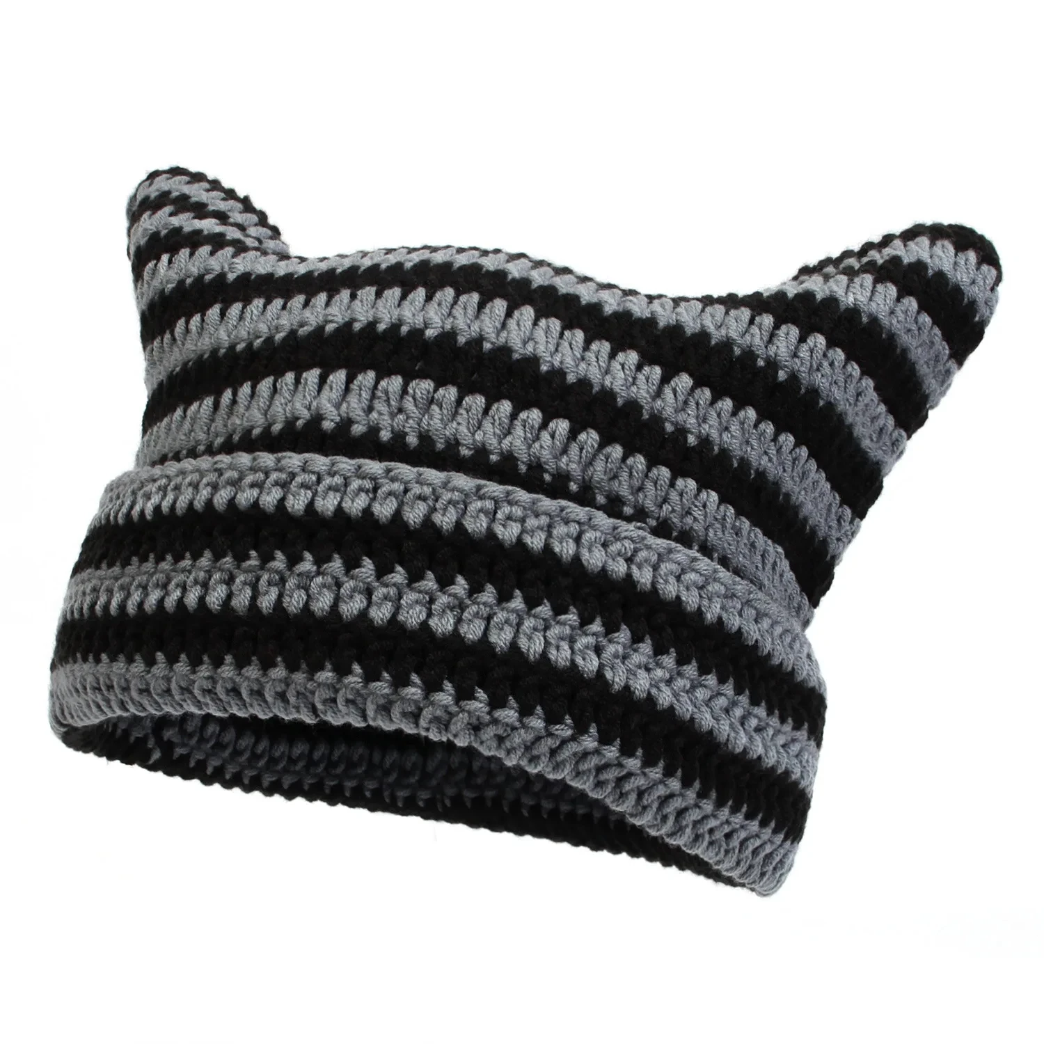 Striped Y2K Gothic Knitted Cat Ear Little Devil Crochet Hat Women  Winter Fox  Slouchy Beanie Female Caps