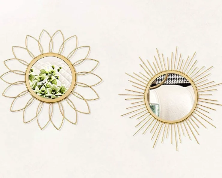 Modern Luxury Round Mirror Sun Flower Shape with Nordic Antique Brass Petals Gold Metal Framed Wall Art Designer Mirror