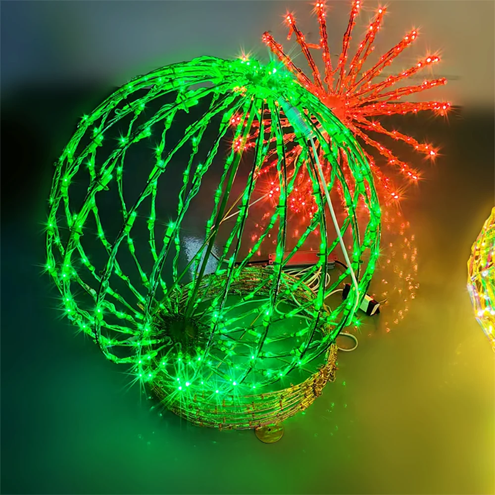 Custom Outdoor Christmas Decoration Large Hanging 3D Iron Wire Light Warm Green Light Mini LED Rattan Ball Tree Hanging Lighting