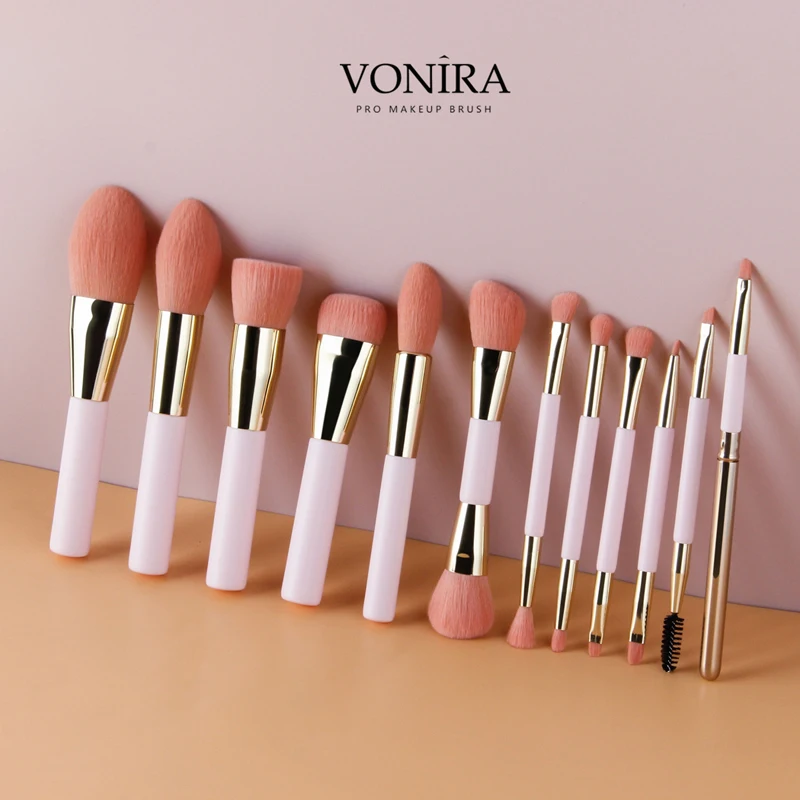 Vonira Beauty Pink Mini Double Sided Makeup Brushes Kit 12 Pieces With Pink Dual Ended Travel Makeup Brush Set