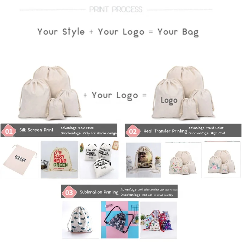 Plain White Cotton Drawstring Fabric Bag Custom Logo Canvas Drawstring bag