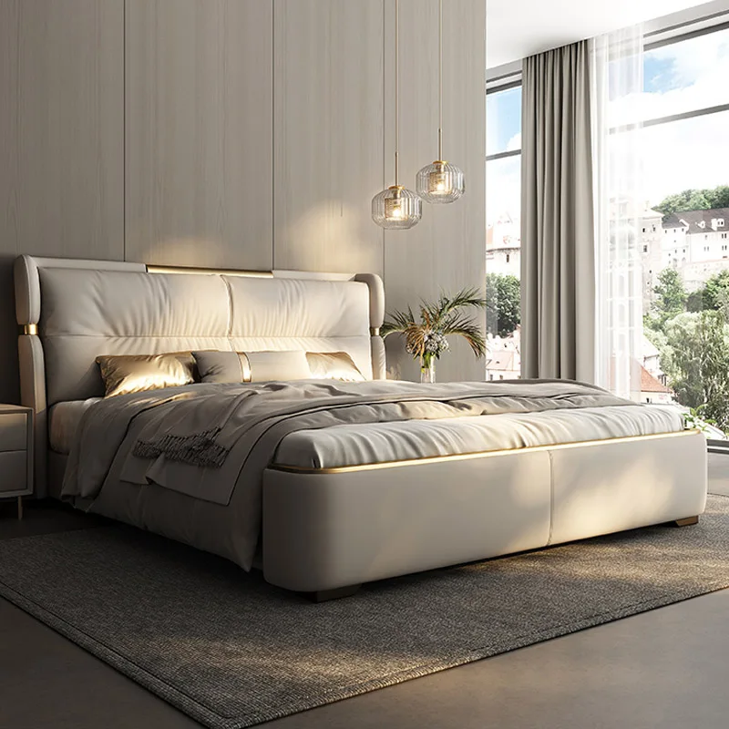 Modern Leather Villa Bed Frame Italian King Double Upholstered Lit Complet Wood Full Size Bedroom Furniture Set