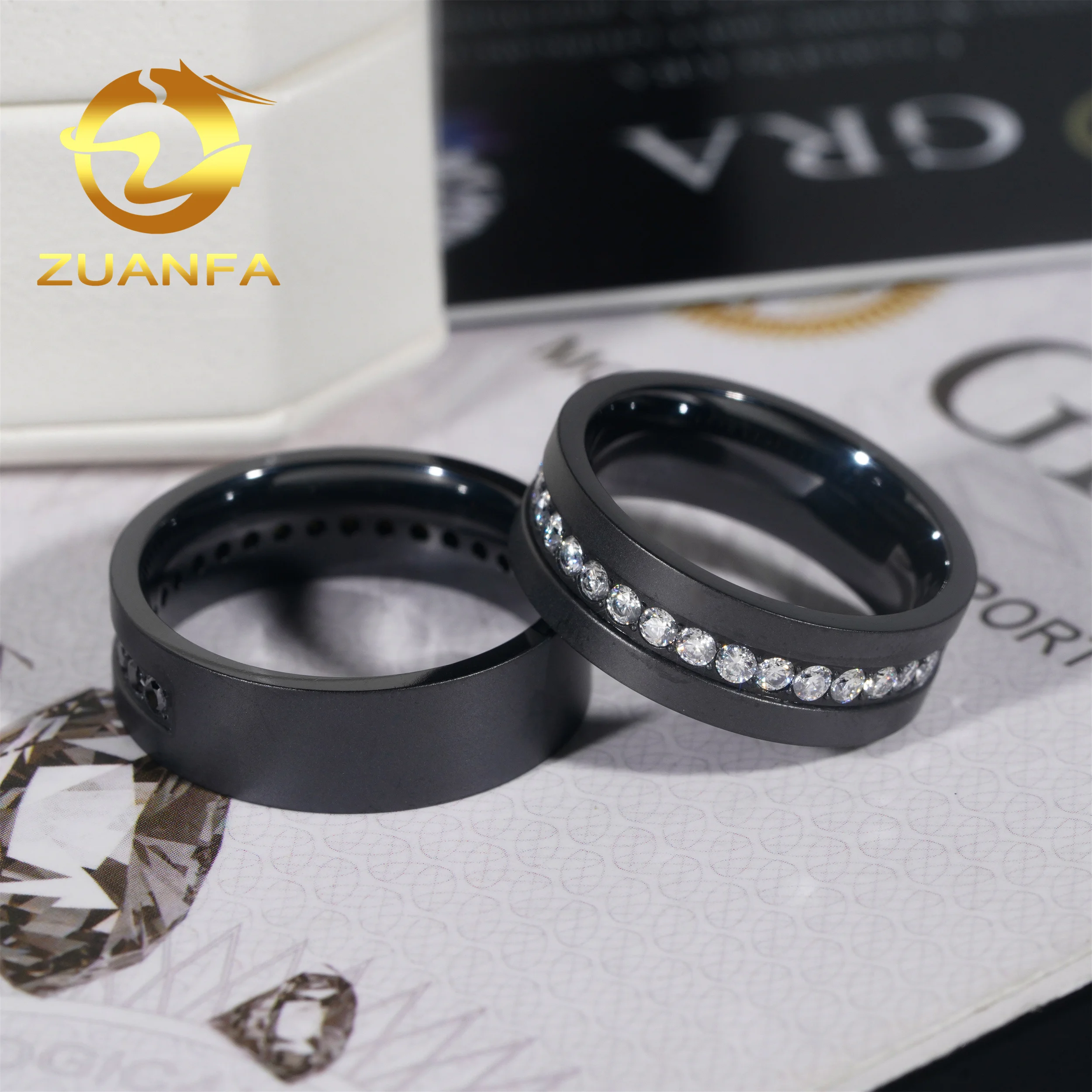 Fashion Rapper Jewelry Black Stainless Steel Men Wedding Ring Half Row Iced out Moissanite Diamond Titanium Hip Hop Ring