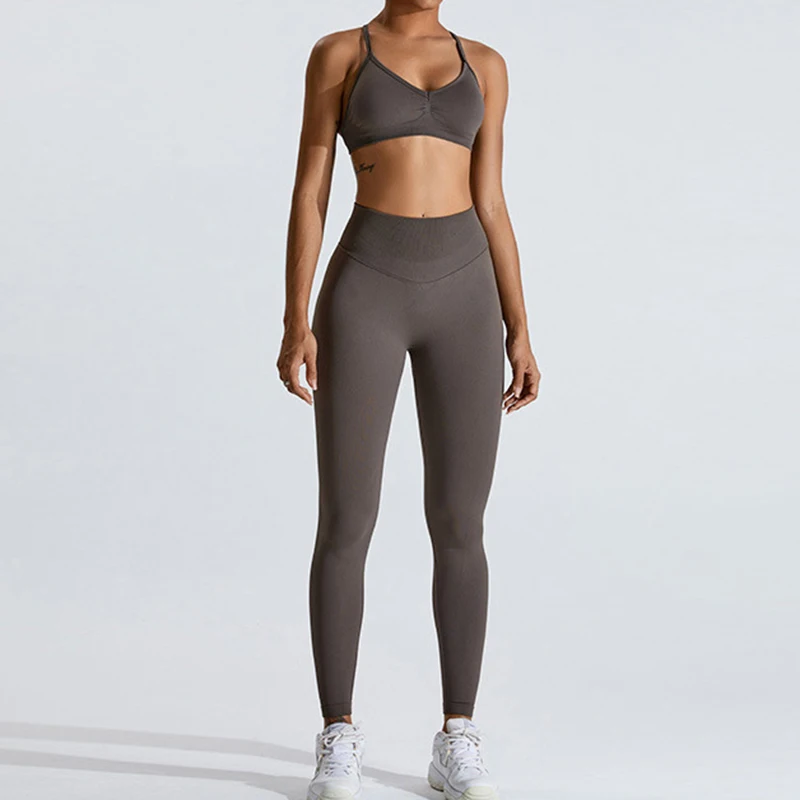 Women Seamless Workout Sets Active Wear Strappy Sports Bra High Waist Booty Legging Outfits 2 Piece Set Gym Fitness Yoga Set