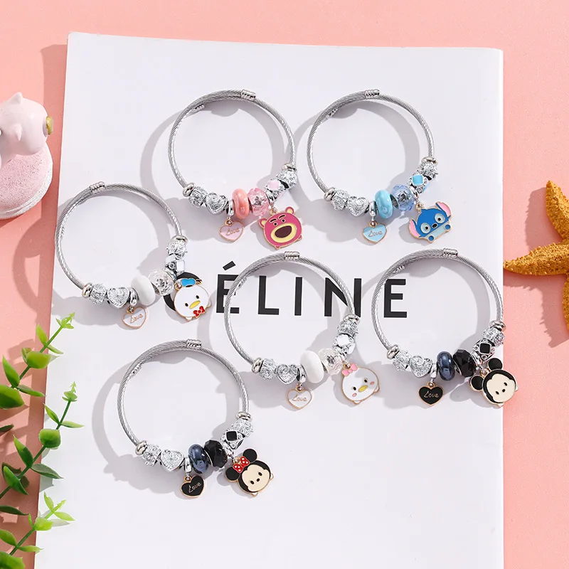 New Hot Kids Student Bracelets Gifts Girls Children Cartoon Animal charm bracelet Glass beads adjustable stainless steel Bangles