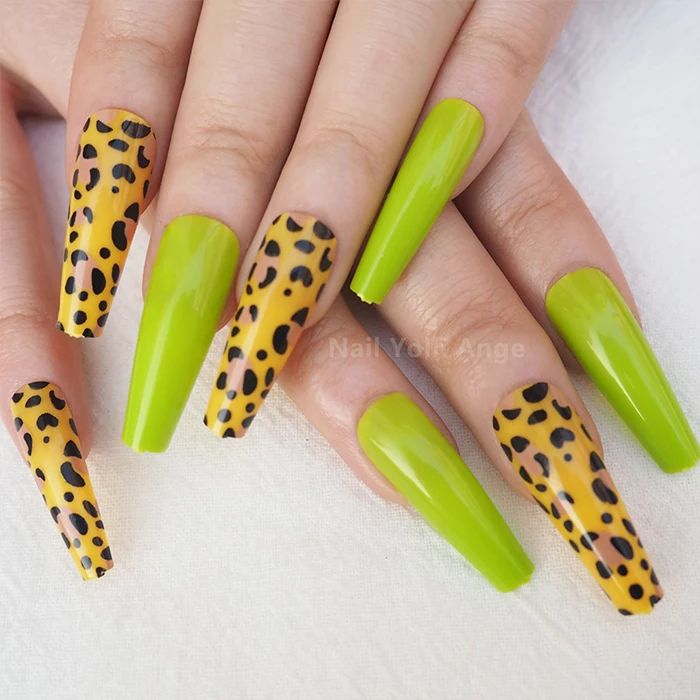 Neon Green Leopard Long Coffin Press On Nails 24 Pc Nail Set - Ready To Ship - Gift For Her