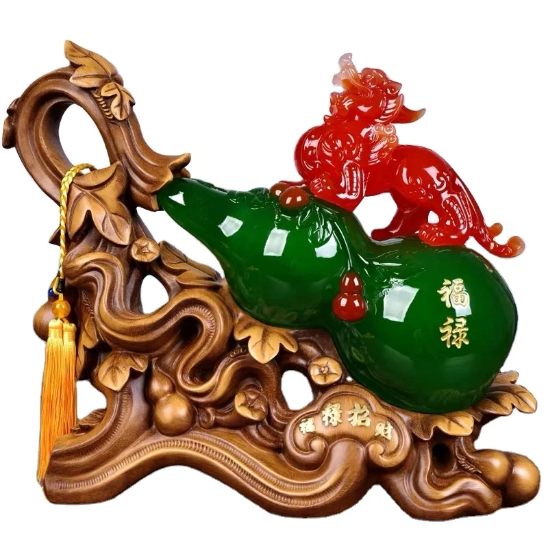 Chinese Traditional Fengshui Poly Resin Home Decoration Green Jade Finish Wulu gourd Sculpture