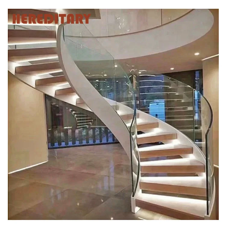 best selling Glass spiral stair with led step wooden staircase for mall or villa