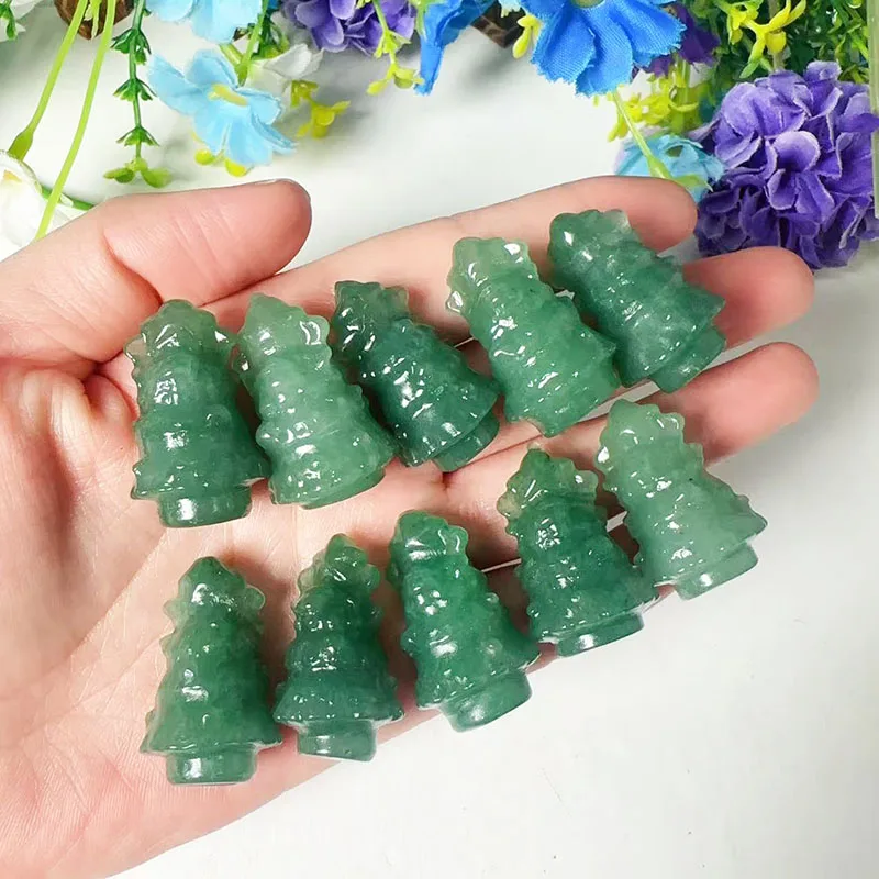 Wholesale Mini Crystal Healing Stone Carvings Natural Hand Carved Green Aventurine Crystal Christmas Tree For Christmas Gift
