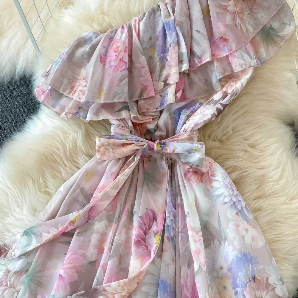 Seaside Holiday Fashion Dress Oblique Neck Single Side Open Shoulder Lotus Leaf High Waist Printed Dress Women