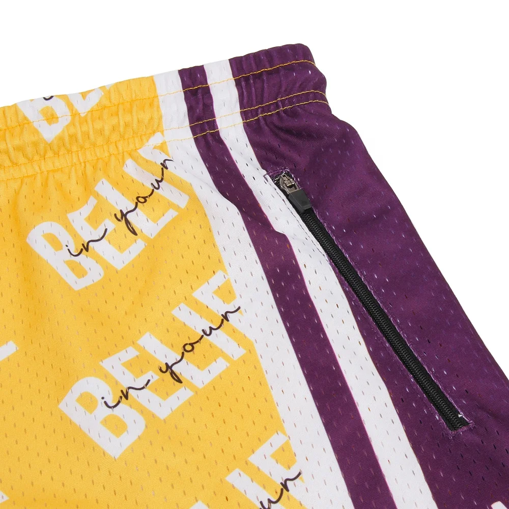Custom Logo Sublimated High Quality Lakers Mesh Shorts Embroidery/Printing Mens Sports Basketball Shorts