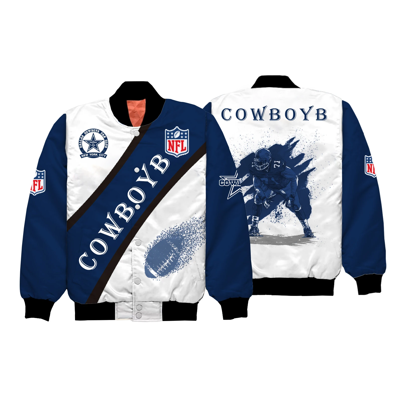 Trademark Cowboys Button Football Team Fashion 3D Print Winter Windproof Outdoor Sports Jacket For Men