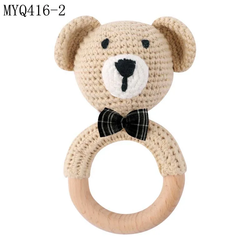 Handmade crochet  Bear with bowknot Rattles baby toys animal shape teething crochet toy with beech Wood Ring