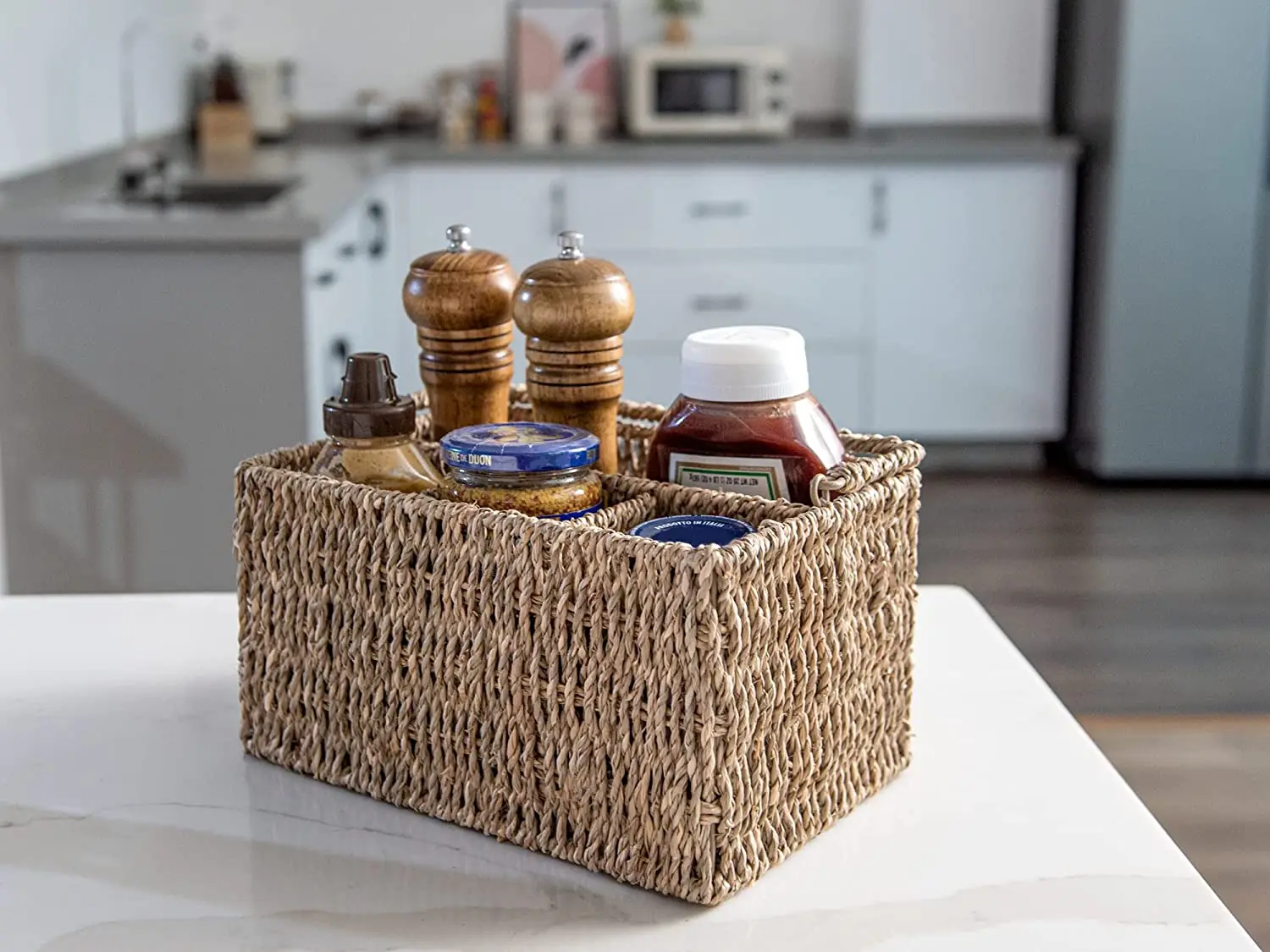 SF Multipurpose 4-section baskets Natural Hyacinth Cutlery Basket for Countertop with Handle Wicker Flatware Holder