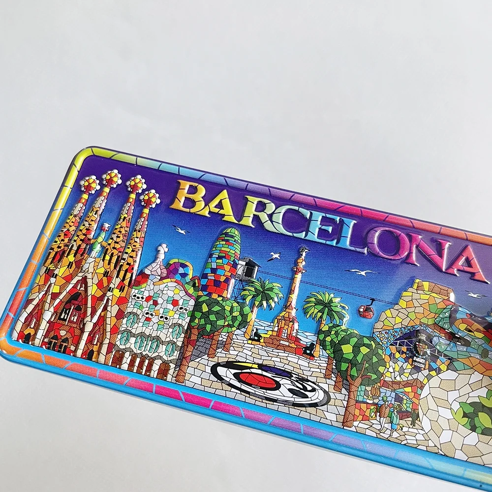 Barcelona Tourist Souvenirs 50x110mm Custom Metal Magnet with Embossed Printed Design Tinplate Material Fridge Travel Theme