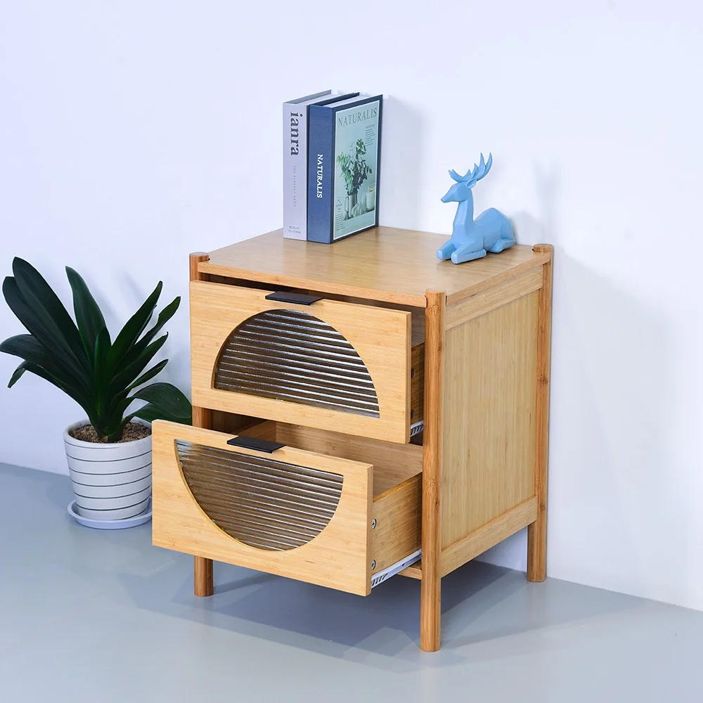 Custom high quality rattan nightstand living room bamboo side table storage cabinets with drawers