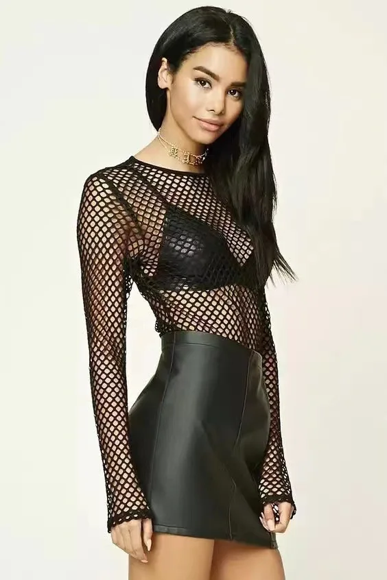 2022 Gothic Summer Streetwear Cover Up Blouse See Through Long Sleeve Hollow Out Ladies Mesh Shirt Fishnet Top Women T Shirts