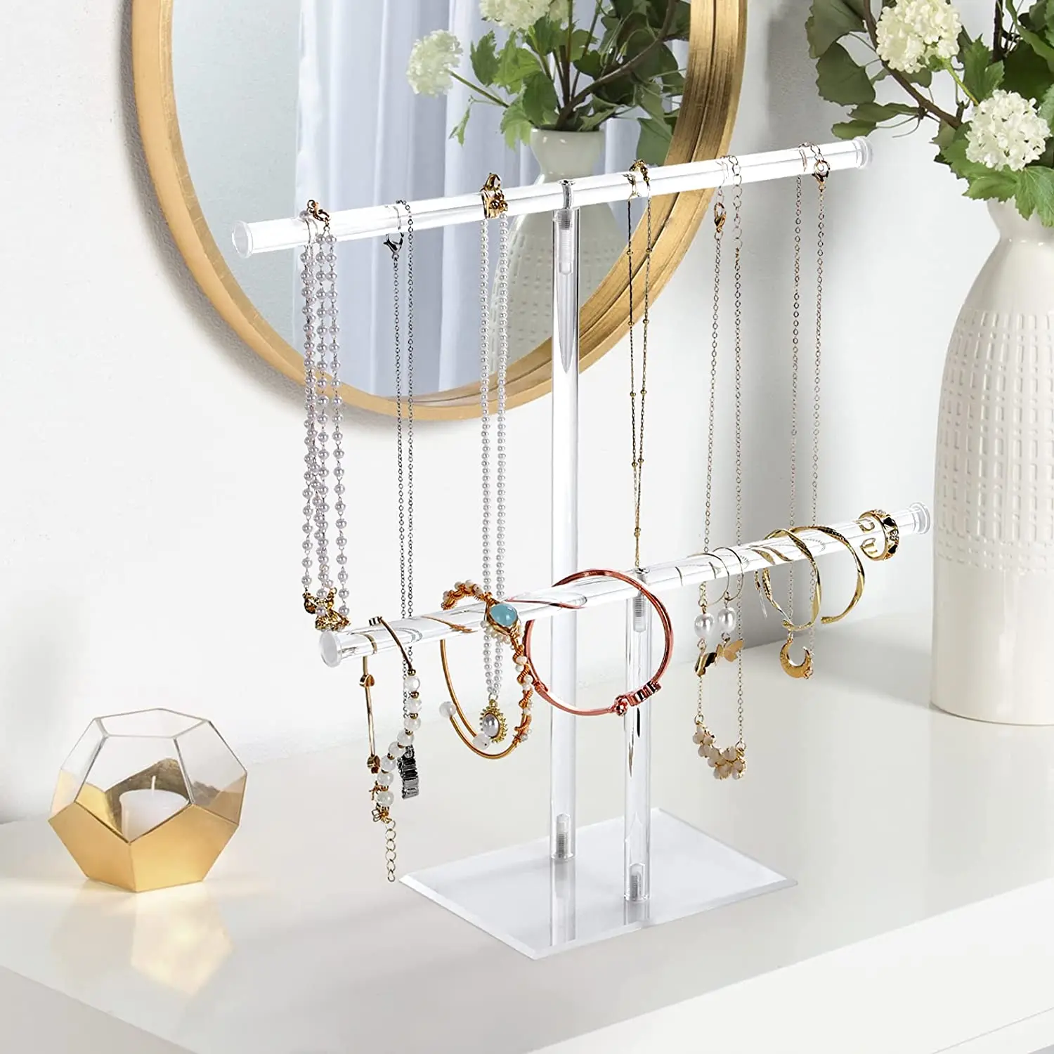 Luxury 2 Tier Round Bracelet Tower Display Stand Clear Jewelry Necklaces Organizer Holder Acrylic T-bar Jewelry Display Set