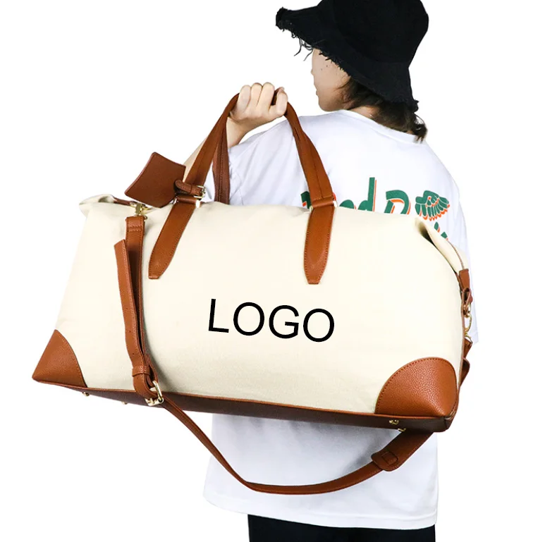 Unisex Large Weekender Overnight Travel Carry On Tote bag Canvas big Leather Duffle Bag With Shoe Compartment and Toiletry Bag