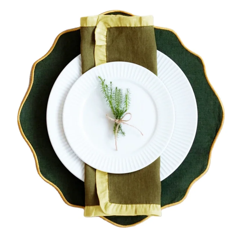 hot sell washable 100% linen flax napkins and placemats with embroider edge