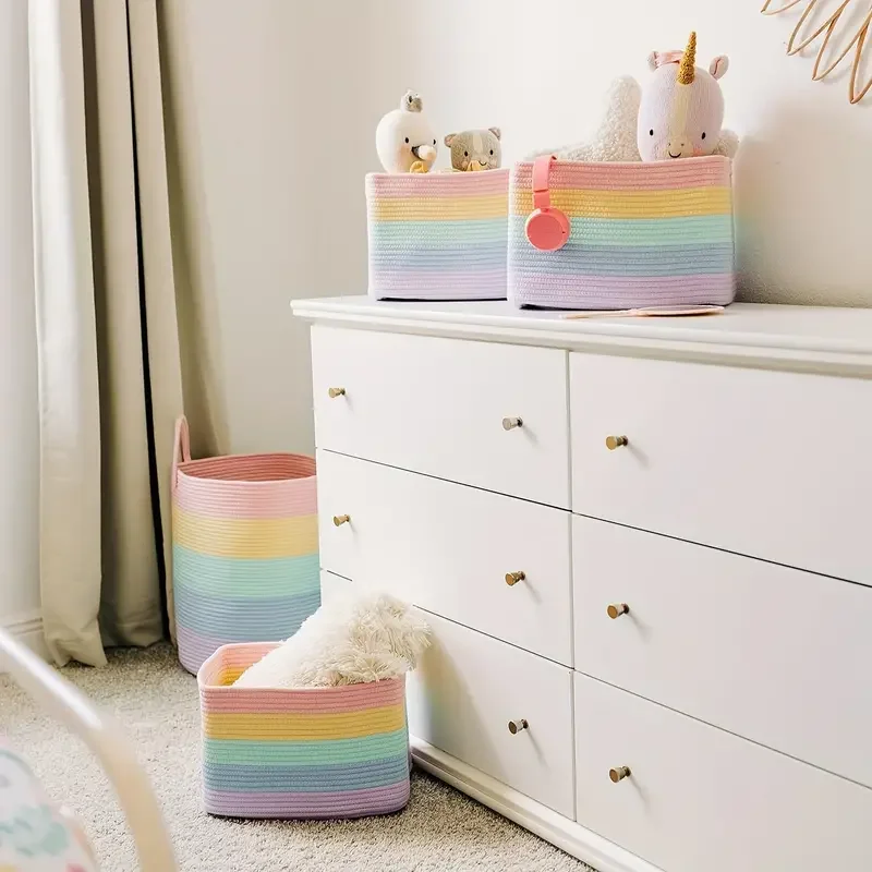Multi-Colored Rainbow Design Cotton Rope Baskets Woven Storage Bin For Toys, Towels, Bathroom Essentials