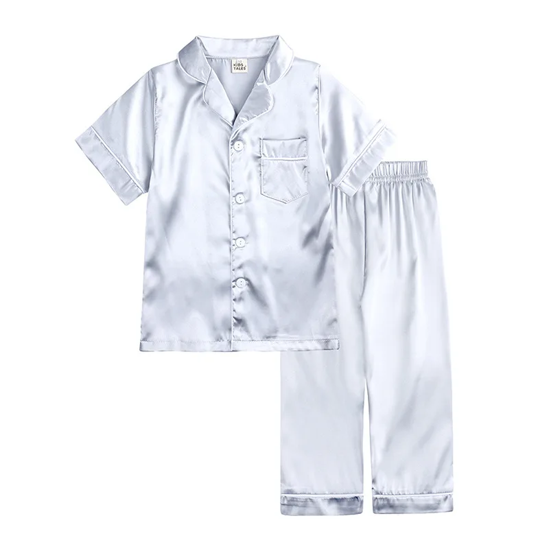 Stock Custom Solid Color Toddlar Silk Pajama 2 Pieces Set Kids Satin Pajamas Set
