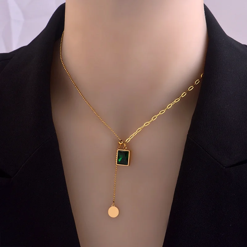 Retro Emerald Stitching Clavicle Chain Niche Adjustable Necklace Cold Wind Titanium Steel Necklace