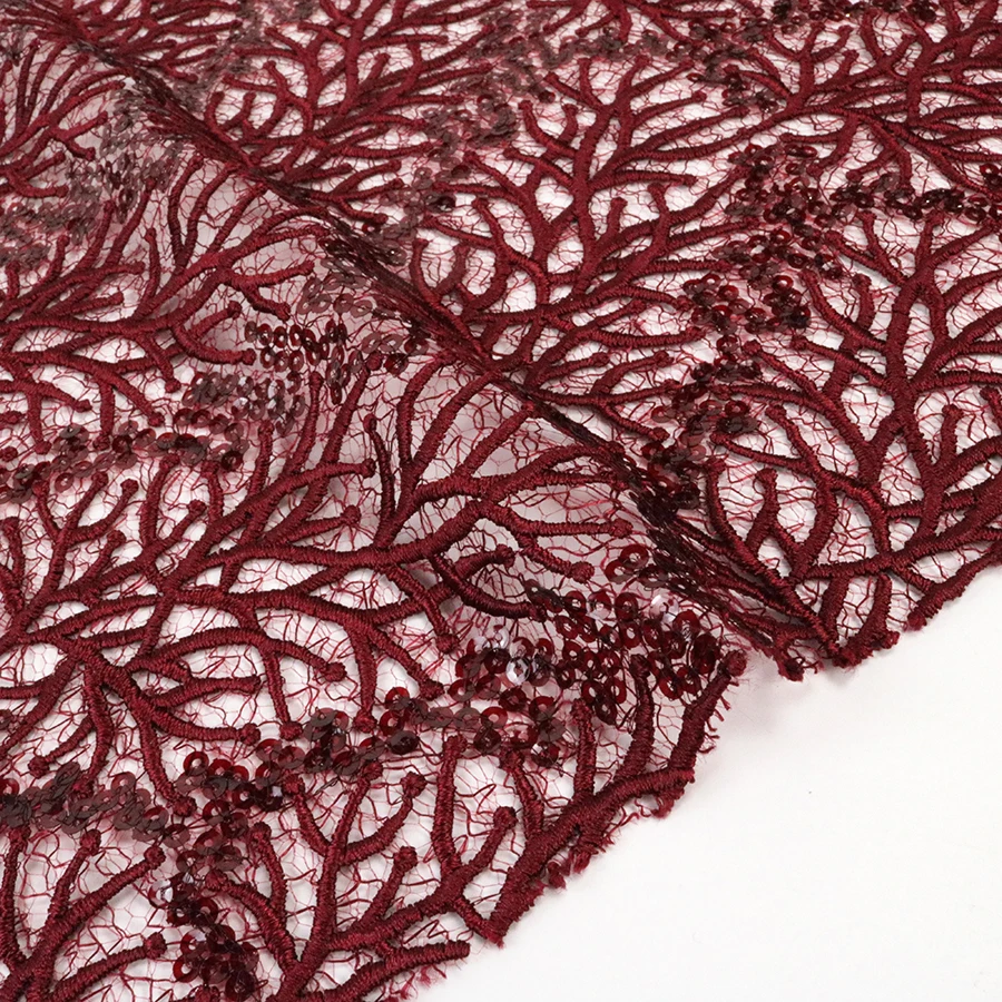Luxury Red 4mm Transparent Spangle Embroidery Lace Spider Mesh Cup Sequin Fabric for  Wedding and  Evening Party Dress
