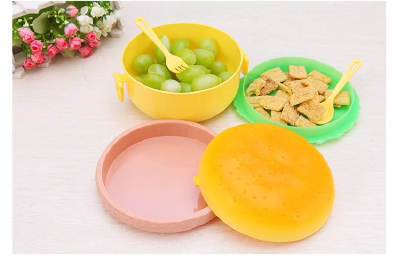plastic hamburger shaped school kids lunch box with fork and spoon