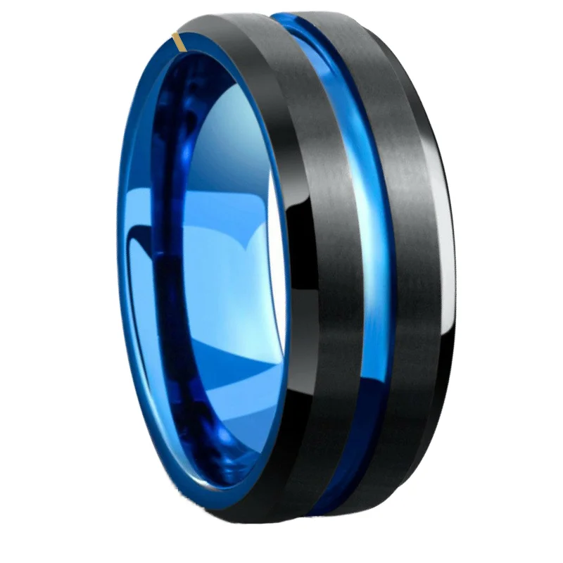 POYA Jewelry Mens Tungsten Wedding Band With Carved Blue Channel